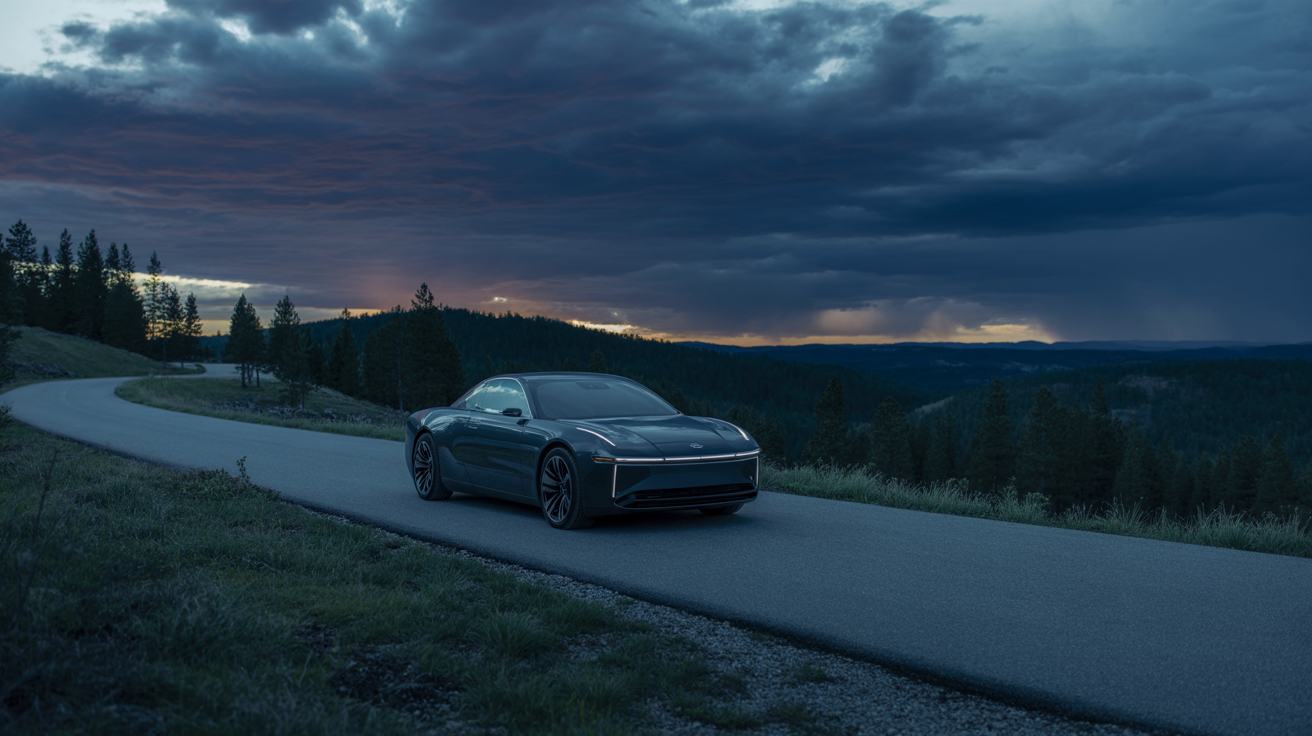 Modern car on scenic Black Hills mountain road at dusk — auto insurance coverage