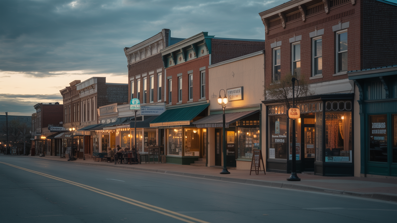Downtown storefronts lit up at dusk — commercial business insurance coverage