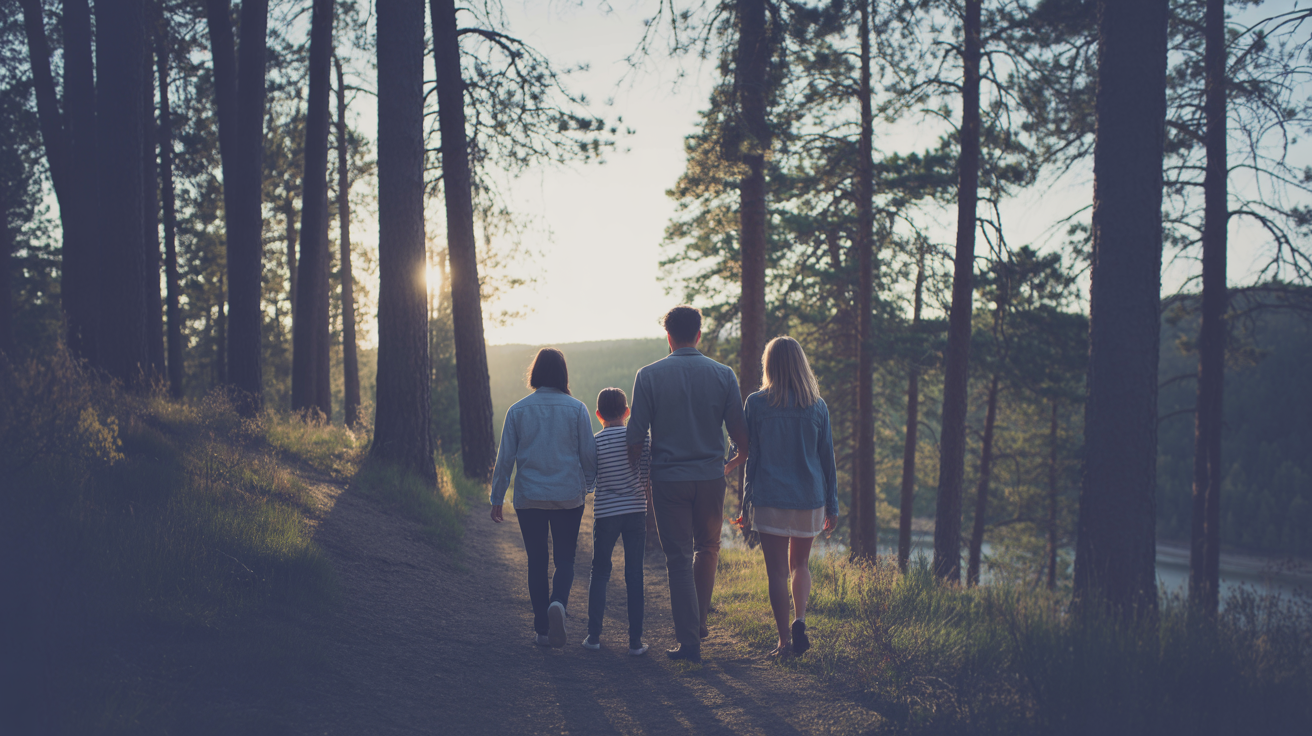 Family walking together on Black Hills forest trail at golden hour — life and umbrella coverage