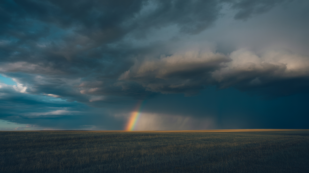 Dramatic storm clouds with rainbow over South Dakota prairie — natural disaster protection